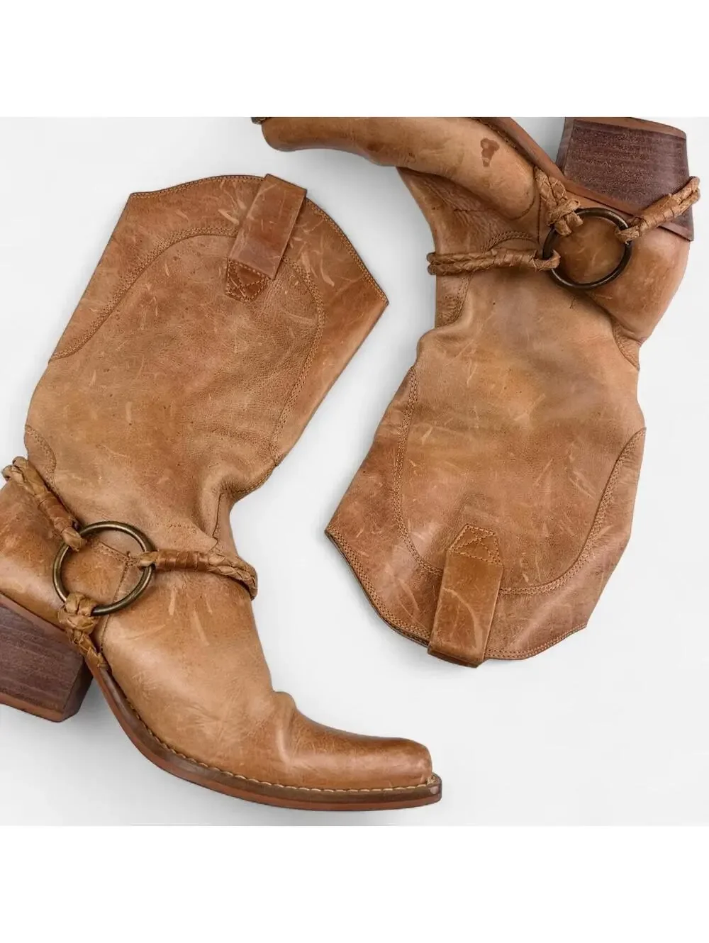 Tan Leather O Ring Harness Western Boots in Tan